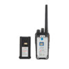 Two handheld two-way radios: one with a long antenna and a spare battery beside it; compact, rugged radios for communication