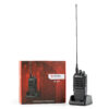 Two-way radio with a tall antenna displayed beside a red product box labeled PK-501 (professional radio station)