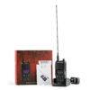 Two handheld two‑way radios with a tall antenna beside a red product box on a white background