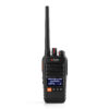 Handheld two-way radio with long antenna and orange Menu button, close-up view of the top and display area