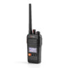 Front view of a black handheld two-way radio with tall antenna, visible display, and orange MENU button on the control panel.