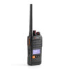Handheld two-way radio with a long antenna and small color display showing menus and controls, black with orange accents