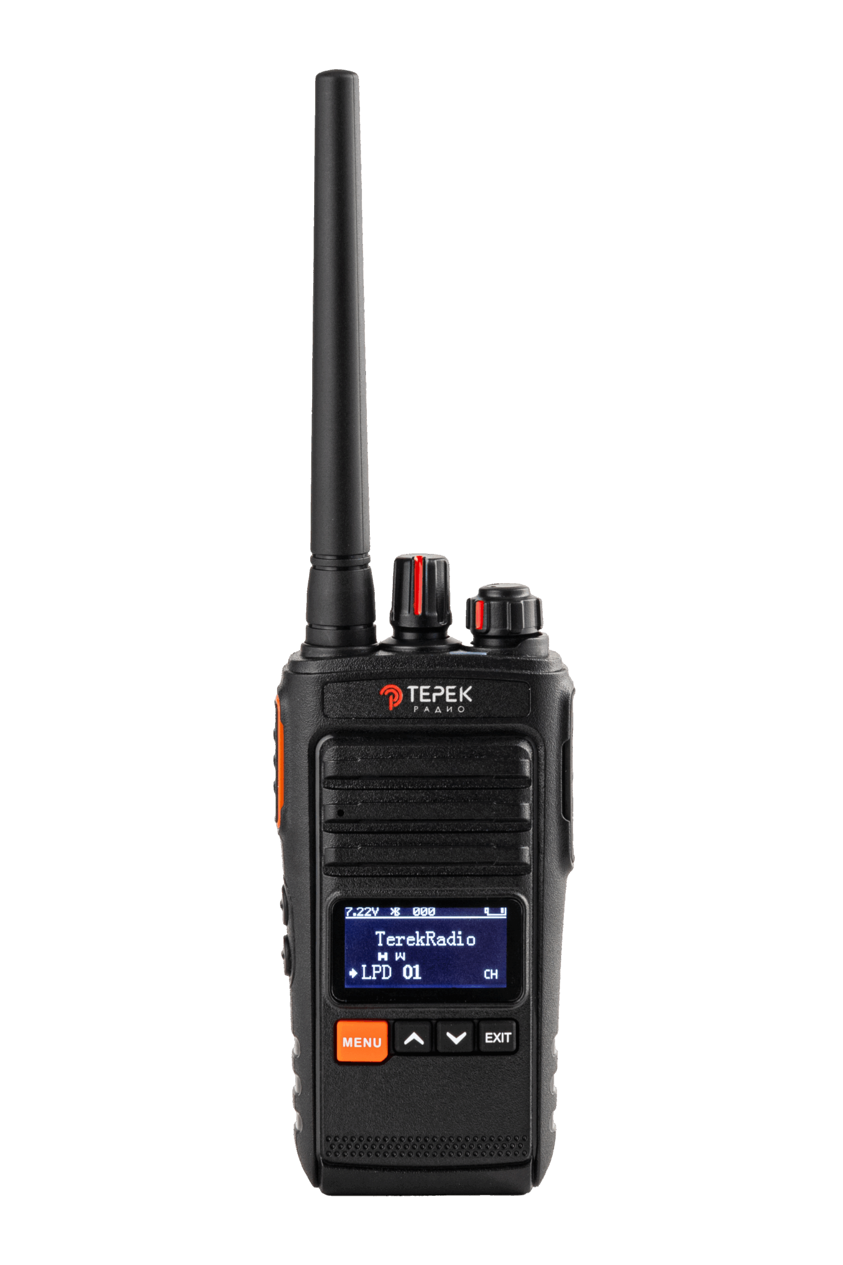 Handheld two-way radio with tall antenna, speaker grille, display, and orange Menu button on the front.
