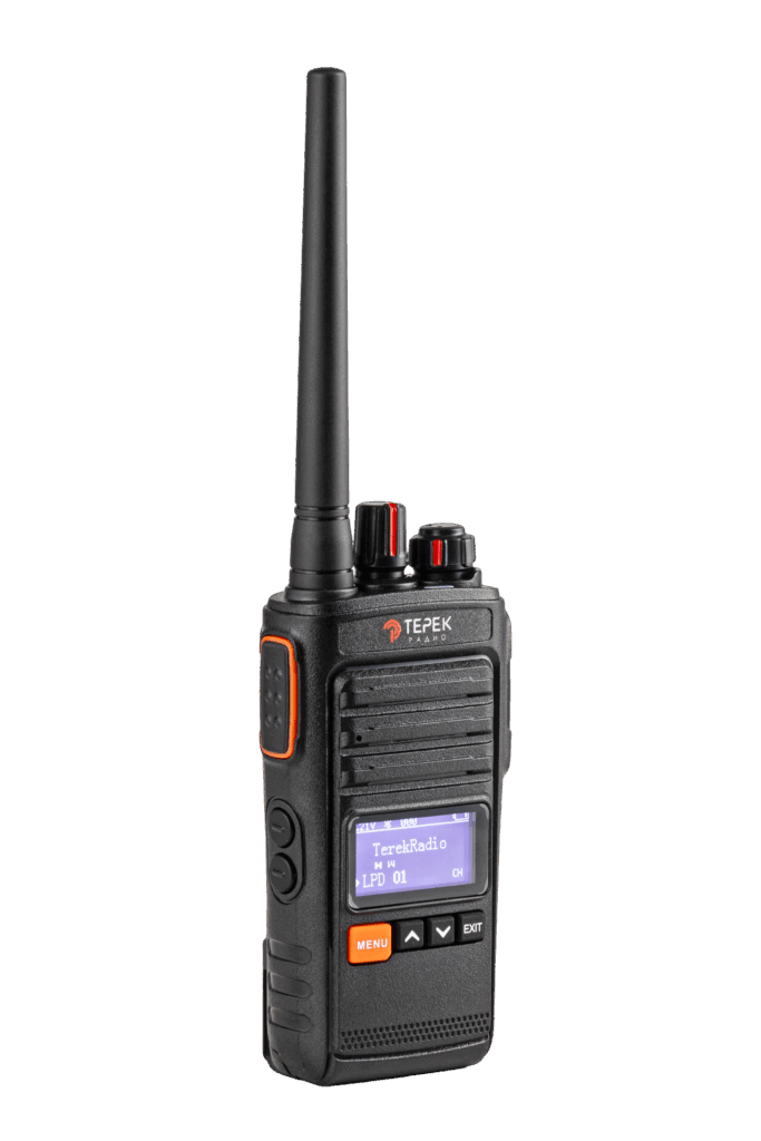 Two‑way handheld radio with long black antenna and orange accents, front-facing keypad and small screen visible—branded Terek Radio.